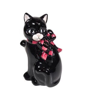 Black Cat Figurine Pepper Shaker Red Plaid Bow Salt 4 Inch Ceramic Halloween